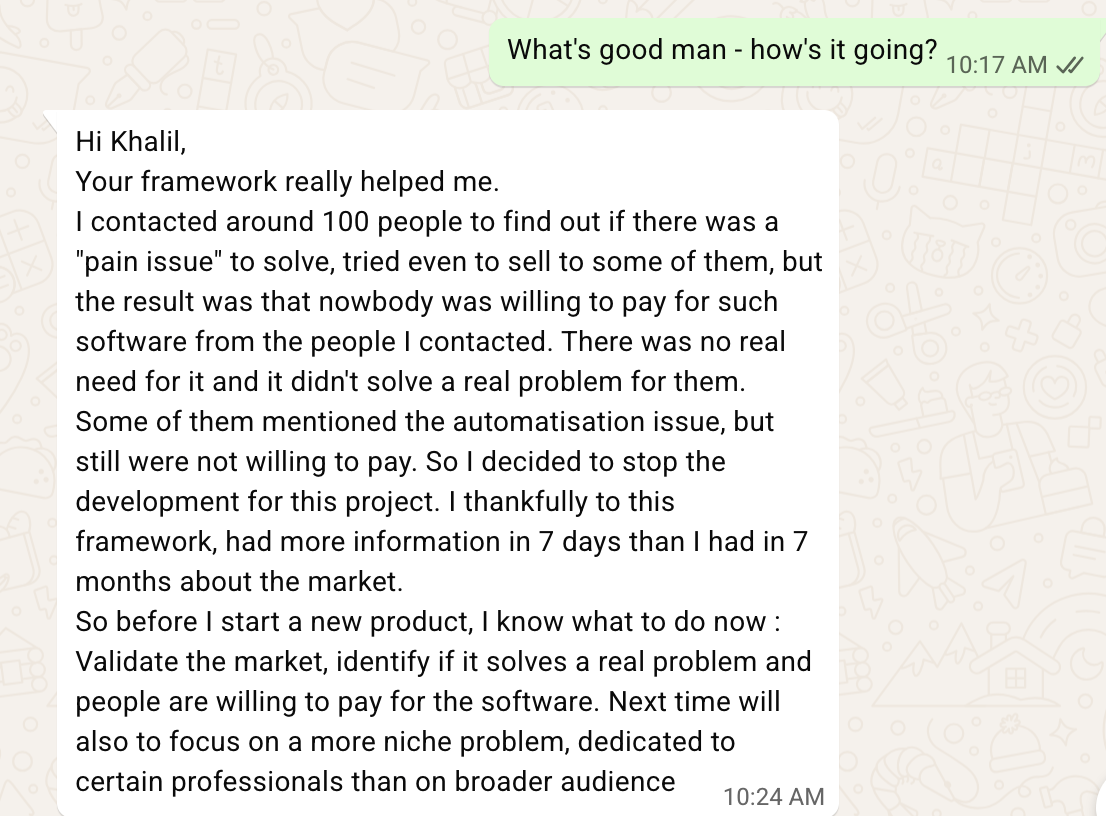 WhatsApp testimonial about the Sell First framework